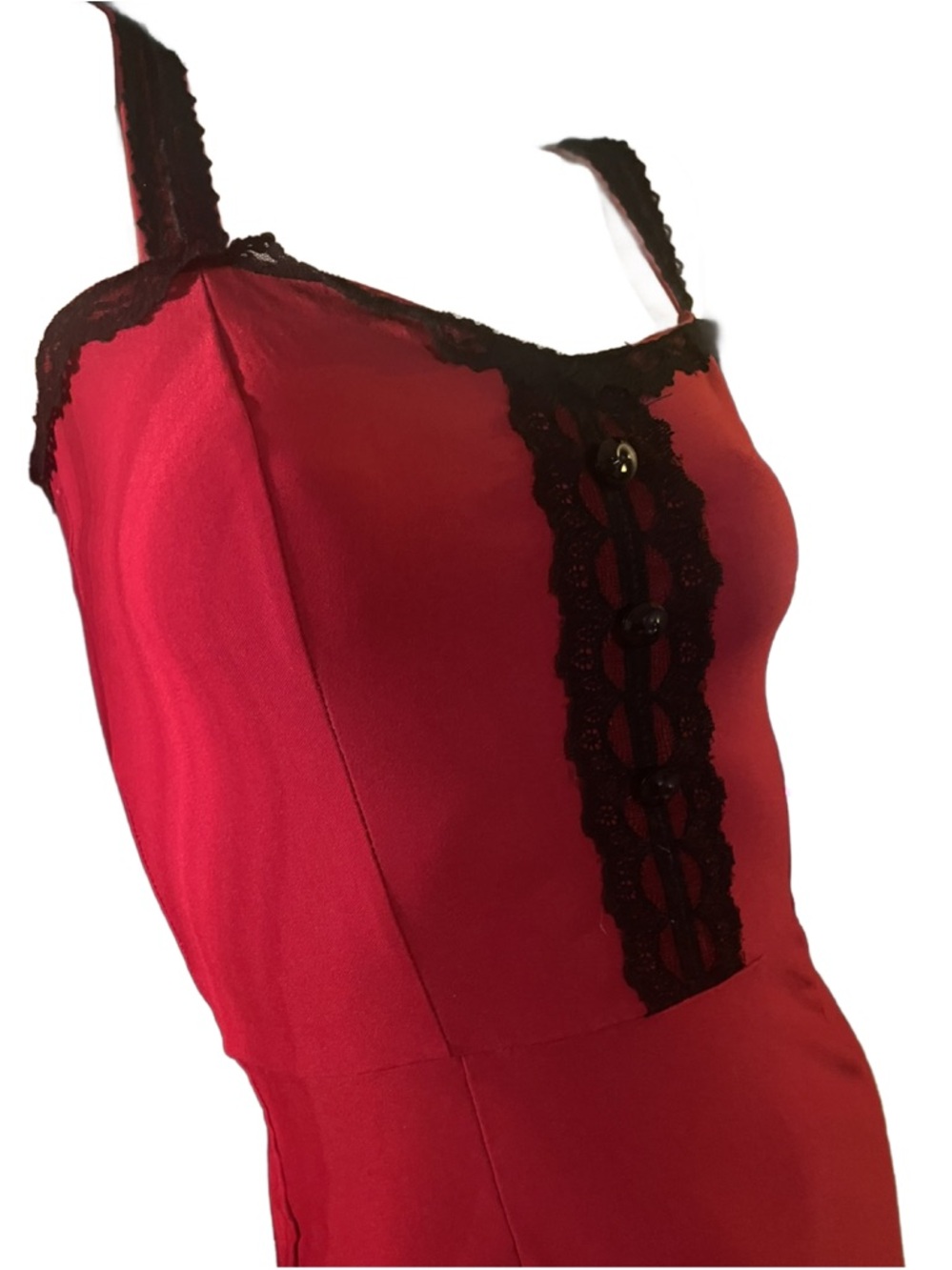 Red SWITCHBLADE STILETTO Midi pencil Dress with Black Lace Trim & flared bottom - Picture 3 of 10
